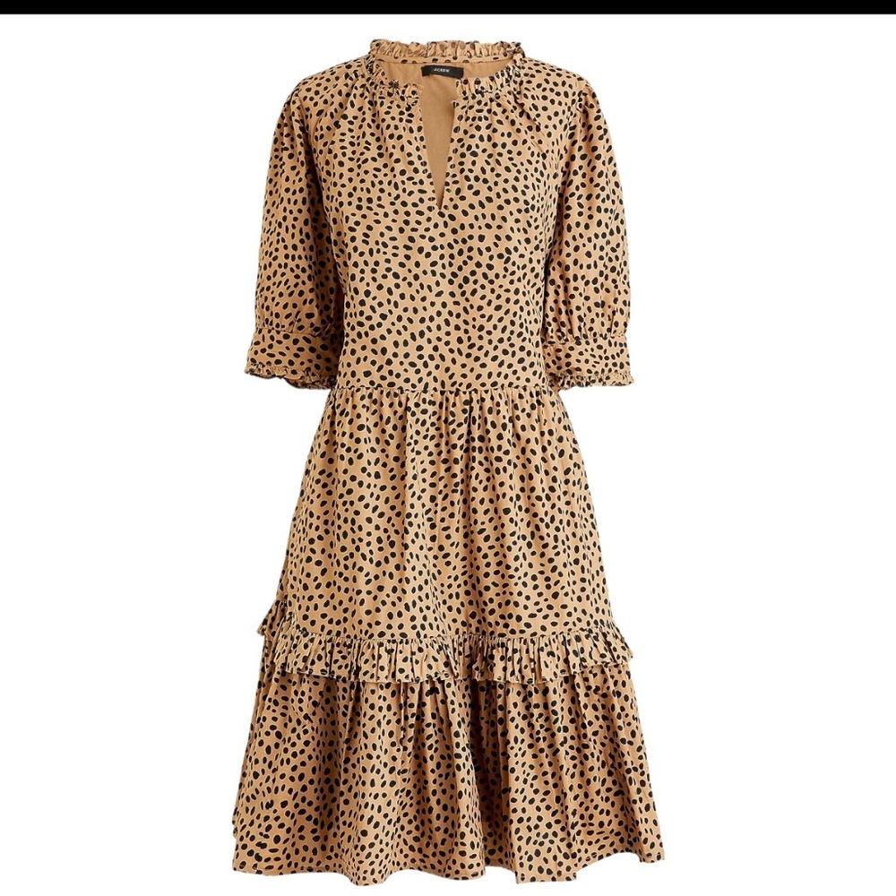 he J. Crew Leopard Dot Cotton Ruffleneck‎ Tiered Popover Dress sz Small